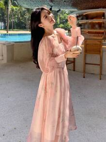 DAZY Vestido de manga larga con cuello cuadrado y estampado floral elegante para mujer - Rosa - Ver 6