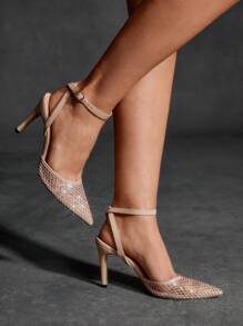 CUCCOO SZL 女士尖头高跟水钻透明带穆勒鞋，银色女士高跟鞋，适合夜间外出、街头时尚的坏女孩风格，适合约会、派对、夏季的性感装扮