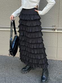 FRIFUL Women's Black Cake Skirt, Long Skirt, Sweet Style For Spring And Summer,Ruffle - Black - View 5