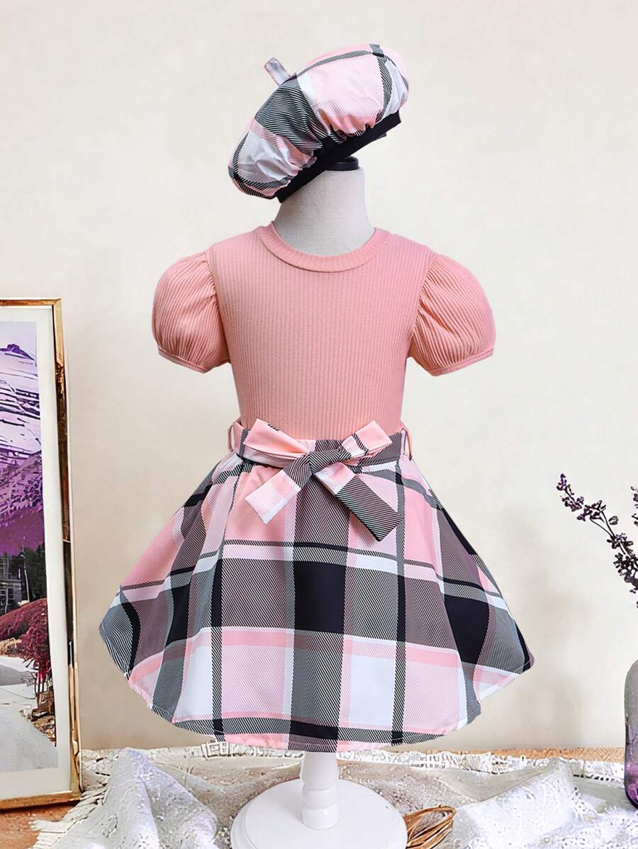 SHEIN 2 件套少女纯色泡泡袖上衣 + 格子裙 + 帽子 - 粉色 - 查看 1