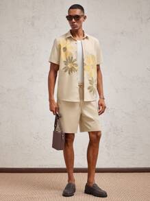 AKNOTIC Business Casual 2 Stücke Herren Floral Muster Locker Sitzende Lässig Hemd Set, in Khaki, geeignet für den täglichen Gebrauch und Urlaub, Frühling/Sommer - Khaki - Übersicht 5