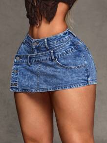 SHEIN BAE Damska swobodna asymetryczna spódnica dżinsowa z kieszeniami - Niebieski - Zobacz 2