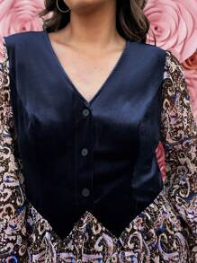 SHEIN LUNE 大码女式休闲灯笼袖撞色佩斯利印花连衣裙情人节外出、节日派对连衣裙 - 彩色 - 查看 5