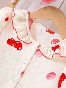 2pcs/Set Young Girl' Cute Cherry Ruffled Neck Short Sleeve Top And Pants Pajamas Set - Apricot - View 3