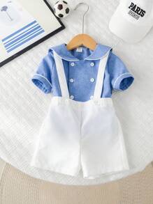 SHEIN Leap Crew Bộ 2 món/Bộ áo sơ mi tay ngắn cổ thủy thủ phối màu cho bé trai và quần short yếm - Xanh và trắng - Xem 6