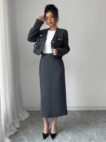 Chiquease 2 pièces/set Veste à simple boutonnage avec franges et patchwork, et jupe pour femmes. Tenue pour l'automne/hiver - Noir - Voir 5