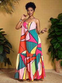 Slaydiva Plus Size Women Sleeveless Loose Dress With Bright Geometric Abstract Print,Beach Dress Sundress,Holiday Outfits Boho - Multicolor - View 5