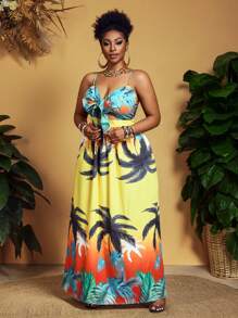 Slaydiva Spring And Summer New Style Holiday Sling Front Chest Strap Hollow A-Hem Long Skirt With Tropical Print Pattern All-Over Printing Yellow Women's Plus Long Dress-A