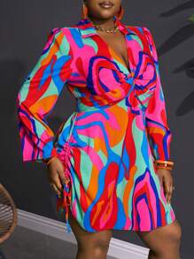 Slaydiva Plus Size Women Casual All-Over Print Twist Side Drawstring Dress, Suitable For Beach, Boho, Music Festival, Rave, Easter, Old Money Style, Country Concert, Going Out, Fairycore, Tropical Vacation - Multicolor - View 3