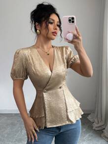 Chiquease 时尚优雅纯色荷叶边下摆短袖女式衬衫