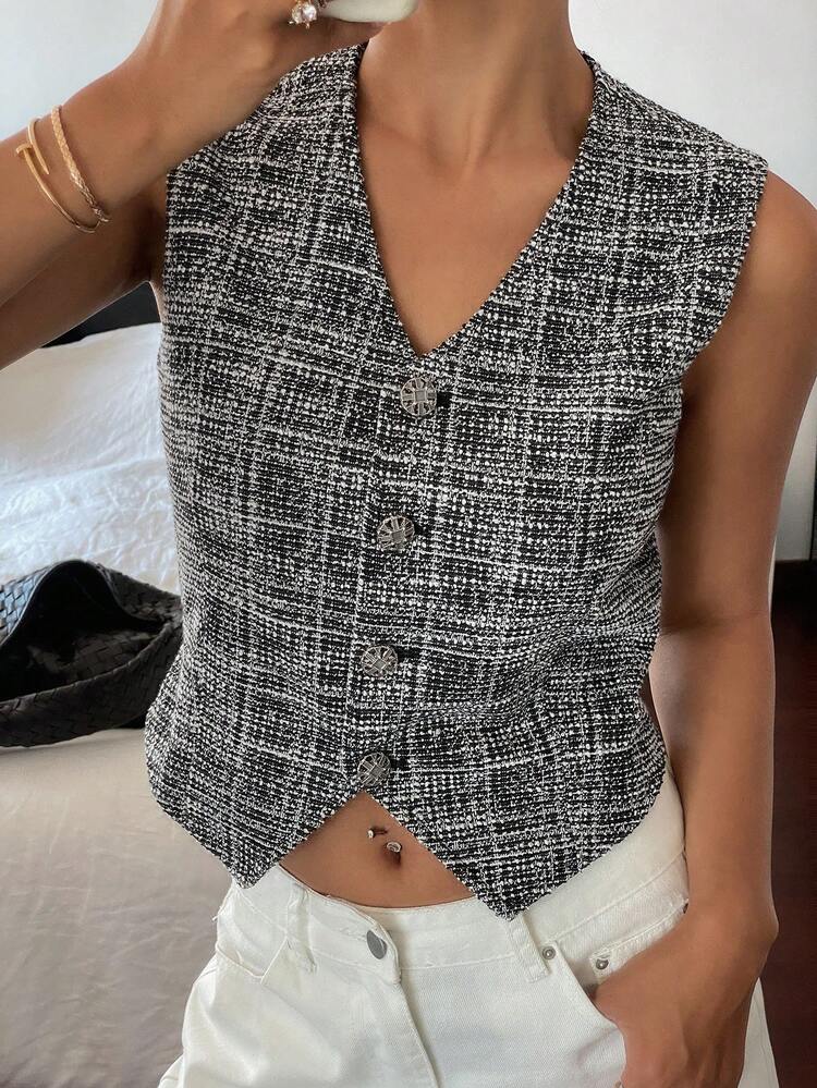 Women's Casual Thick Tweed Cropped Vest Jacket Plaid