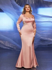 Glamrae Plus Size Elegant,Formal,Evening,Prom,Dusty Pink,Spring Minimalist Stretchy Pique Hollow Out Embellished High Slit Luxurious Wedding Guest Gown Dress - Dusty Pink - View 4