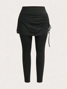 SHEIN Essnce Plus Size Women's Spring And Summer Fashion Casual Sports High Elastic Comfortable Daily Black 2 In 1 Leggings Skirt Pants,Women Bottom,Summer Outfits For Women,Workout Pants,Y2k Clothes - Black - View 1