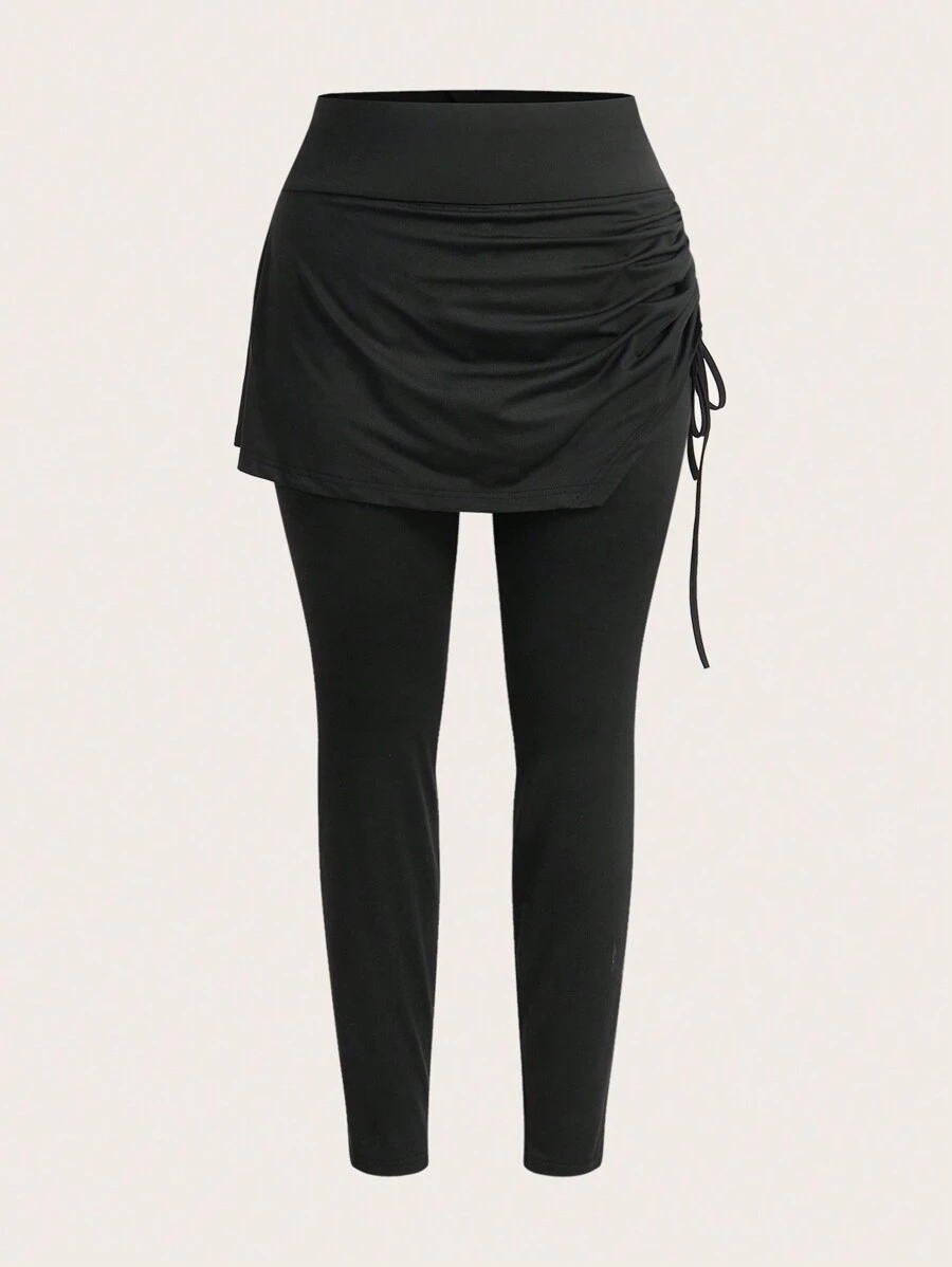 SHEIN Essnce Plus Size Women's Spring And Summer Fashion Casual Sports High Elastic Comfortable Daily Black 2 In 1 Leggings Skirt Pants,Women Bottom,Summer Outfits For Women,Workout Pants,Y2k Clothes - Black - View 1