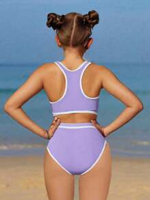 SHEIN Tween Girl Solid Color Splice Sleeveless Bikini Top And Bottom Swimwear Set - Mauve Purple - View 4