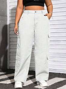Solflare Quần Jeans Cargo Màu Trơn Đa Năng Thường Ngày Cỡ Lớn - trắng - Xem 4