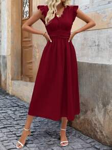 SHEIN Clasi Đầm Maxi Dài Thanh Lịch Cho Nữ Mùa Hè Trơn Màu Có Viền Xếp Nếp Eo - Màu Đỏ Sâu - Xem 3