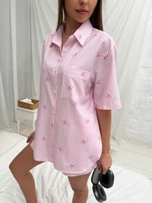 Aloruh 2pcs Set Sweet Butterfly Print Striped Comfortable Shorts Shirt Suit For Indoor & Outdoor Wear, Early Spring - Pink - View 4
