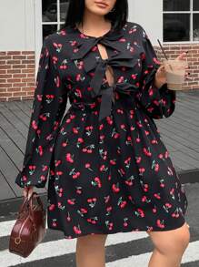SHEIN EZwear Women's Plus Size,Bow Dress,Cherry Pattern,Black Long Sleeve Dress,Spring Summer Clothes