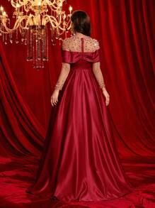 Glamrae 优雅透明网眼奢华手工水钻长裙，搭配蓬松 A 字裙，婚礼宾客礼服，适合约会、婚礼、正式活动、庆典、派对礼服、晚礼服、长袍 - 紅色 - 查看 3