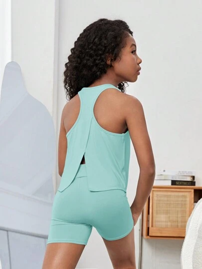 SHEIN 青少年女孩针织无袖镂空后背上衣和修身短裤两件套运动装