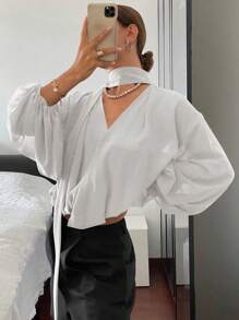 Livesso 优雅女士纯色宽松长袖系带衬衫，轻薄面料，适合春夏季、秋季服装、返校服装 - 白色 - 查看 5