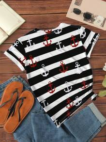 INAWLY Women's Striped Anchor Print Round Neck Casual Short Sleeve T-Shirt - Black and White - View 2