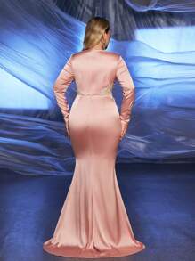 Glamrae Plus Size Elegant,Formal,Evening,Prom,Dusty Pink,Spring Minimalist Stretchy Pique Hollow Out Embellished High Slit Luxurious Wedding Guest Gown Dress - Dusty Pink - View 7