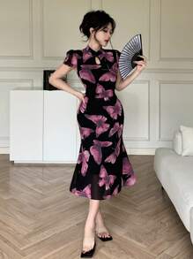 DAZY Chinese Style Floral Print Stand Collar Mid-Long Dress For Women, Festival/Valentine's Day Prom Dress Elegant Women Dresses - Pink - View 4