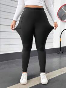 SHEIN Essnce Plus Size Women's Spring And Summer Fashion Casual Comfortable Daily High Elastic Black Slim Fit With Pocket Leggings,Spring Outfits,Women Bottom,Airport Outfit For Women,Curve Pants,Streetwear For Women,Going Out Outfits