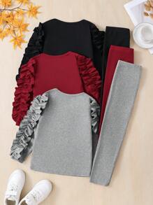 SHEIN 6pcs/Set Young Girl Ruffle Hem T-Shirt And Leggings Two-Piece Sets, Suitable For Casual Daily Wear