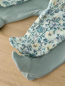 SHEIN Leap Crew 儿童新生女宝宝 2 件套碎花圆领长袖拉链柔软睡衣套装 - 綠色 - 查看 4