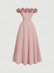 SHEIN MOD Off-The-Shoulder 3D Floral Waist Flared Pink Dress - Pink - View 1