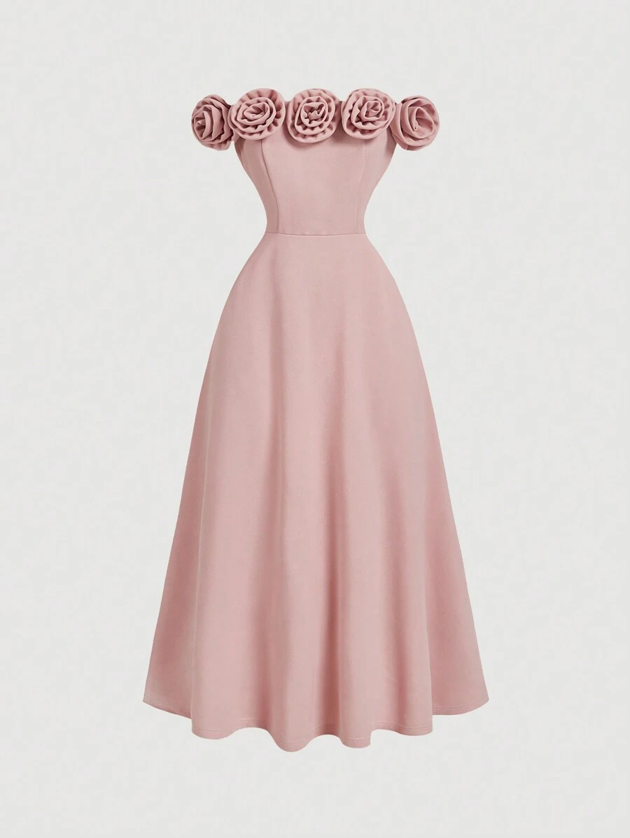 SHEIN MOD Off-The-Shoulder 3D Floral Waist Flared Pink Dress - Pink - View 1