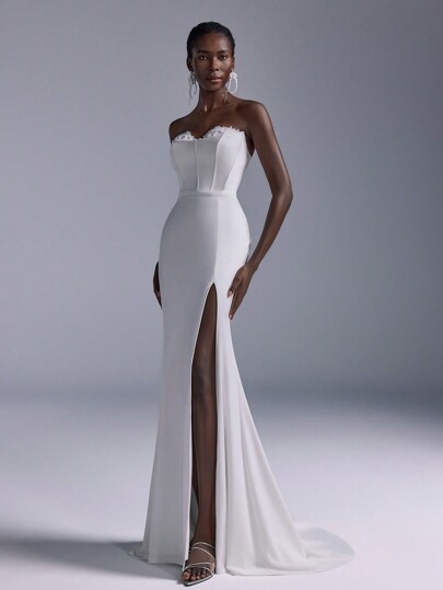 SHEIN Belle Elegant White Lace Applique Split Sexy Bodycon Maxi Dress With Fishtail Hem, Suitable For Weddings, Events, Formal Occasions,Bride