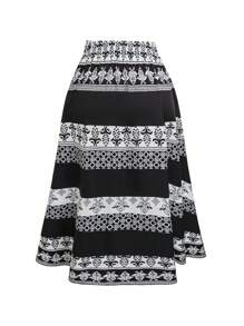 Breezaya 女士花卉印花休闲 A 字裙，日常穿着的简约时尚 - 黑色 - 查看 2