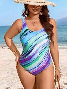 Swim Lushoire Summer 1pc Plus Size Women Colorful Striped Print Wide Strap One Piece Swimsuit For Vacation - Multicolor - View 6