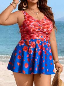 Swim Lushoire Setelan 2 Potong Wanita Ukuran Plus, Baju Renang Tankini Motif Berwarna yang Memperindah Perut, Cocok untuk Liburan Pantai Musim Panas - MultiWarna - View 7