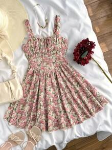 Girlism Tween 女童粉色碎花连衣裙 满身花卉印花 褶皱胸围可爱吊带连衣裙，生日礼物 - 粉色 - 查看 3