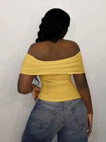 Slaydiva Nouvelle blouse ajustée à col rabattu et épaules dénudées, pour l'été - Jaune citron - Voir 2