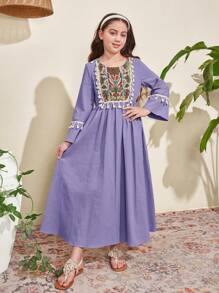 SHEIN Tween Girls' Elegant Ruffled Round Neck Puff Sleeve Asymmetrical Split Hem Dress - Dusty Purple - View 4