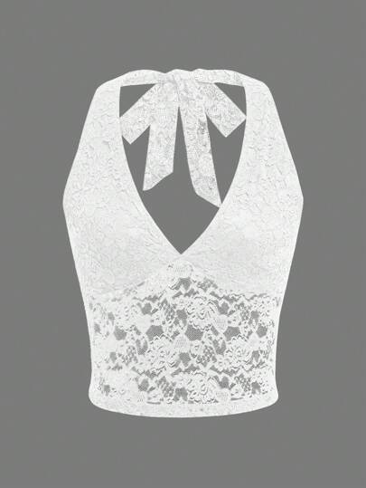 INAWLY Women Lace Design Backless Sleeveless Top With Contrasting Colors