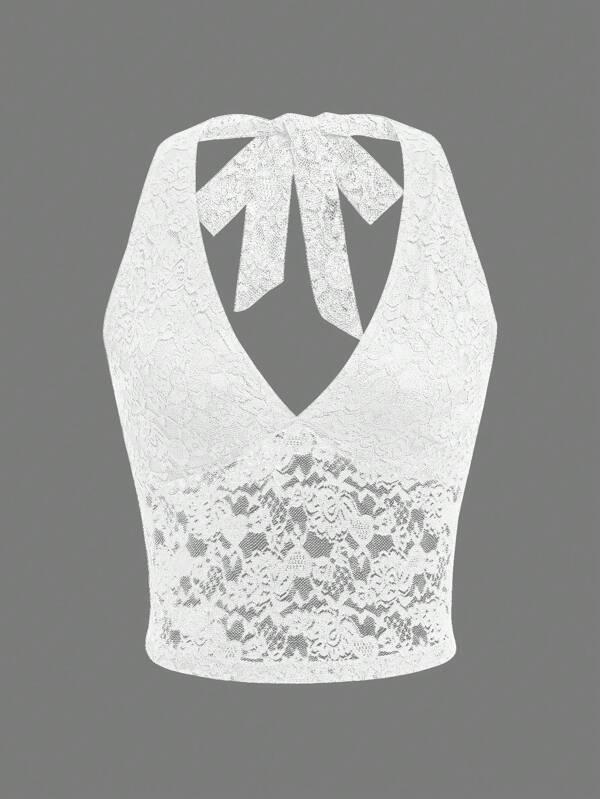 INAWLY Women Lace Design Backless Sleeveless Top With Contrasting Colors