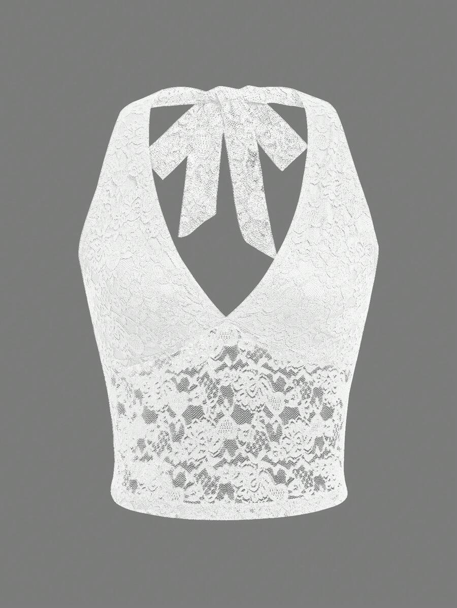 INAWLY Women Lace Design Backless Sleeveless Top With Contrasting Colors - White - View 1