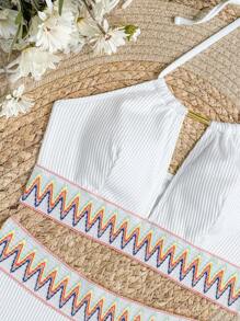 SHEIN Swim 2 件装春假纯色罗纹布肩带装饰简约清新泳衣套装 - 白色 - 查看 7