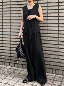 FRIFUL Mono negro para mujer, pantalón de pierna recta con cuello en V y sin mangas, monos de primavera para mujer