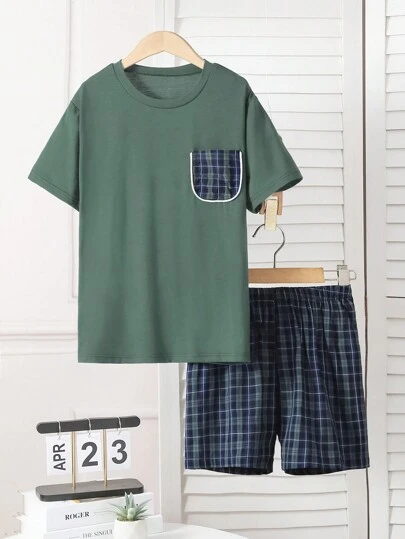 2st Tween Boys Casual plädade shorts & blå kortärmade t-shirt set, mode hemoutfit