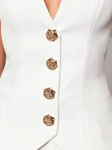 Silquee 女式高端纯色白色V领金属扣装饰单排扣马甲内衬优雅时尚通勤套装适合夏秋季办公室商务休闲秋季女装套装女西装外套，夏季女式商务休闲纯色双排金属马甲西装外套，商务女装办公室海仙子复古教师服装，玫瑰花朵金属装饰扣，情人节