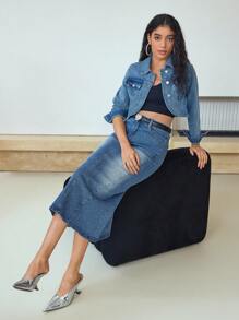 MOTF STUDIO RHINESTONE BUTTON FRONT DENIM JACKET - Medium Wash - View 1