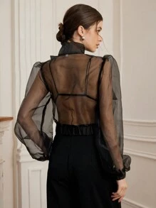 Aveloria Rosie Women's Romantic French Style Organza Sheer Sexy Tied Bow Puff Sleeve Blouse Top, Spring/Summer Fashion Fall Cloth For Women - Black - View 4